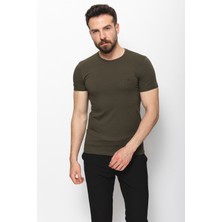 Düz Haki Rengi Super Slim Fit Bisiklet Yaka Basic Erkek T-Shirt