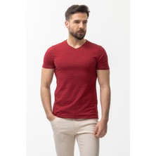 MCR Desenli Bordo Rengi Slim Fit V Yaka Basic Erkek T-Shirt