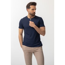 MCR Desenli Lacivert Slim Fit Fermuarlı Bisiklet Yaka Erkek T-Shirt