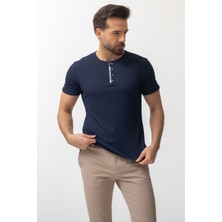 MCR Desenli Lacivert Slim Fit Fermuarlı Bisiklet Yaka Erkek T-Shirt