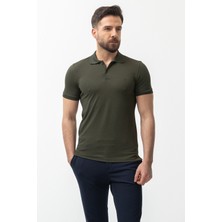 MCR Düz Haki Rengi Slim Fit Polo Yaka Basic Erkek T-Shirt
