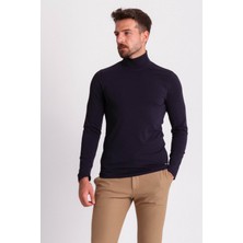 Düz Lacivert Renk Slim Fit Uzun Kollu Tam Balıkçı Yaka Erkek Penye