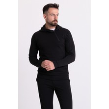 Fermuar Detaylı Siyah Renk Slim Fit Kapüşonlu Erkek Sweatshirt