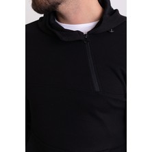 Fermuar Detaylı Siyah Renk Slim Fit Kapüşonlu Erkek Sweatshirt