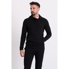 Fermuar Detaylı Siyah Renk Slim Fit Kapüşonlu Erkek Sweatshirt