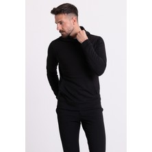 Fermuar Detaylı Siyah Renk Slim Fit Kapüşonlu Erkek Sweatshirt