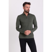 MCR Düz Haki Rengi Slim Fit Uzun Kollu Polo Yaka Erkek T-Shirt