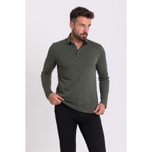 MCR Düz Haki Rengi Slim Fit Uzun Kollu Polo Yaka Erkek T-Shirt