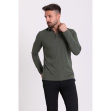 MCR Düz Haki Rengi Slim Fit Uzun Kollu Polo Yaka Erkek T-Shirt