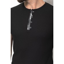 MCR Desenli Siyah Slim Fit Fermuarlı Bisiklet Yaka Erkek T-Shirt
