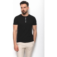 MCR Desenli Siyah Slim Fit Fermuarlı Bisiklet Yaka Erkek T-Shirt