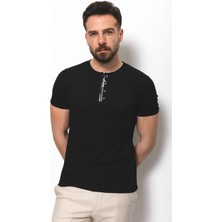 MCR Desenli Siyah Slim Fit Fermuarlı Bisiklet Yaka Erkek T-Shirt