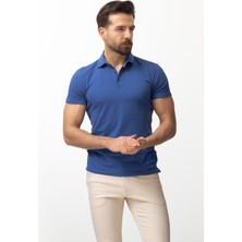Duz Saks Rengi Slim Fit Polo Yaka Erkek T-shirt