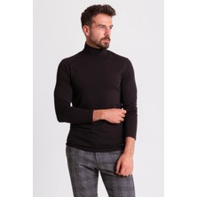 Düz Siyah Renk Slim Fit Uzun Kollu Tam Balıkçı Yaka Erkek Penye