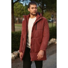 MCR Düz Kiremit Rengi Slim Fit Fermuar Detaylı Kapüşonlu Erkek Kaban