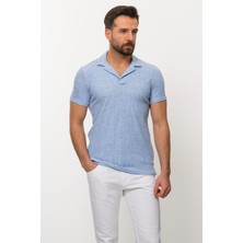 Desenli Mavi Renk Slim Fit Apaç Yaka Erkek T-shirt