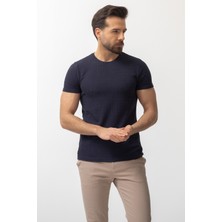 Desenli Lacivert Renk Slim Fit Bisiklet Yaka Erkek T-shirt