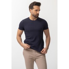 Desenli Lacivert Renk Slim Fit Bisiklet Yaka Erkek T-shirt