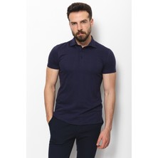 Desenli Lacivert Renk Slim Fit Polo Yaka Keten Erkek T-Shirt