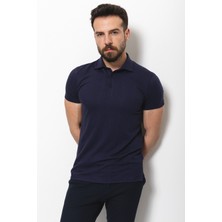 Desenli Lacivert Renk Slim Fit Polo Yaka Keten Erkek T-Shirt