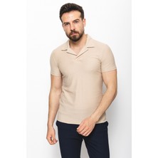 MCR Desenli Bej Rengi Slim Fit Apaç Yaka Erkek T-Shirt