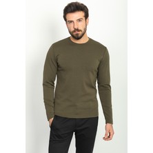 Düz Haki Rengi Slim Fit Bisiklet Yaka Uzun Kollu Basic Erkek T-Shirt