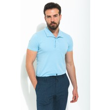 MCR Düz Mavi Renk Slim Fit Apaç Yaka Erkek T-Shirt