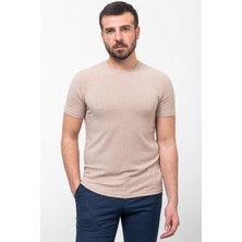 Çizgi Desenli Bej Rengi Slim Fit Bisiklet Yaka Erkek T-Shirt