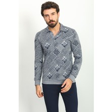 Desenli Lacivert Renk Slim Fit Polo Yaka Uzun Kollu Erkek T-Shirt