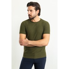 MCR Çizgili Haki Rengi Slim Fit Bisiklet Yaka Erkek T-Shirt