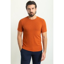 MCR Çizgi Desenli Kiremit Rengi Slim Fit Bisiklet Yaka Erkek T-Shirt