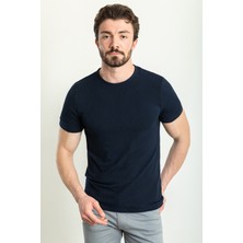 MCR Kareli Desenli Lacivert Renk Slim Fit Bisiklet Yaka Erkek T-Shirt