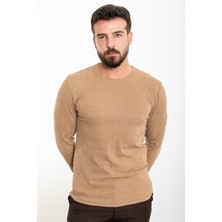 MCR Desenli Bej Slim Fit Bisiklet Yaka Uzun Kollu Erkek T-Shirt