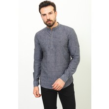 Desenli Antrasit Rengi Slim Fit Hakim Yaka Keten Erkek Gömlek