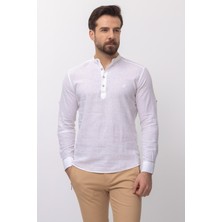 Desenli Slim Fit Hakim Yaka Keten Erkek Gömlek