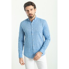 Düz Saks Rengi Slim Fit Basic Keten Erkek Gömlek