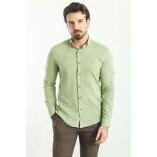 Düz Yeşil Rengi Slim Fit Basic Keten Erkek Gömlek