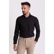Düz Siyah Renk Slim Fit Gizli Düğmeli Klasik Erkek Gömlek