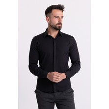Desenli Siyah Renk Slim Fit Gizli Düğmeli Klasik Erkek Gömlek