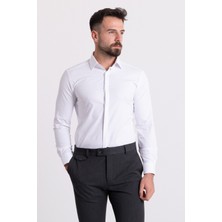 Desenli Beyaz Renk Slim Fit Gizli Düğmeli Klasik Erkek Gömlek