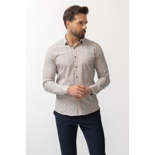 Desenli Bej Rengi Slim Fit Erkek Gömlek