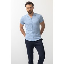 Desenli Mavi Renk Slim Fit Kısa Kollu Apaç Yaka Erkek Gömlek