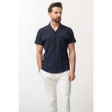 Desenli Lacivert Renk Slim Fit Kısa Kollu Apaç Yaka Erkek Gömlek
