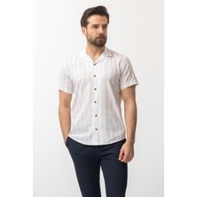 Yaprak Desenli Bej Rengi Slim Fit Apaç Yaka Kısa Kollu Erkek Gömlek