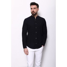 Düz Lacivert Renk Slim Fit Hakim Yaka Erkek Gömlek