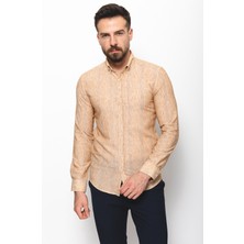 Çizgili Kamel Rengi Slim Fit Keten Erkek Gömlek