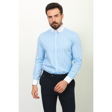 Çizgili Mavi Renk Slim Fit Bebe Yaka Klasik Erkek Gömlek