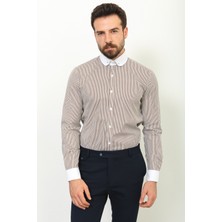Çizgili Kahverengi Slim Fit Bebe Yaka Klasik Erkek Gömlek