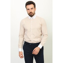 Çizgili Bej Rengi Slim Fit Bebe Yaka Klasik Erkek Gömlek
