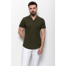 Desenli Haki Rengi Slim Fit Kısa Kollu Apaç Yaka Erkek Gömlek
